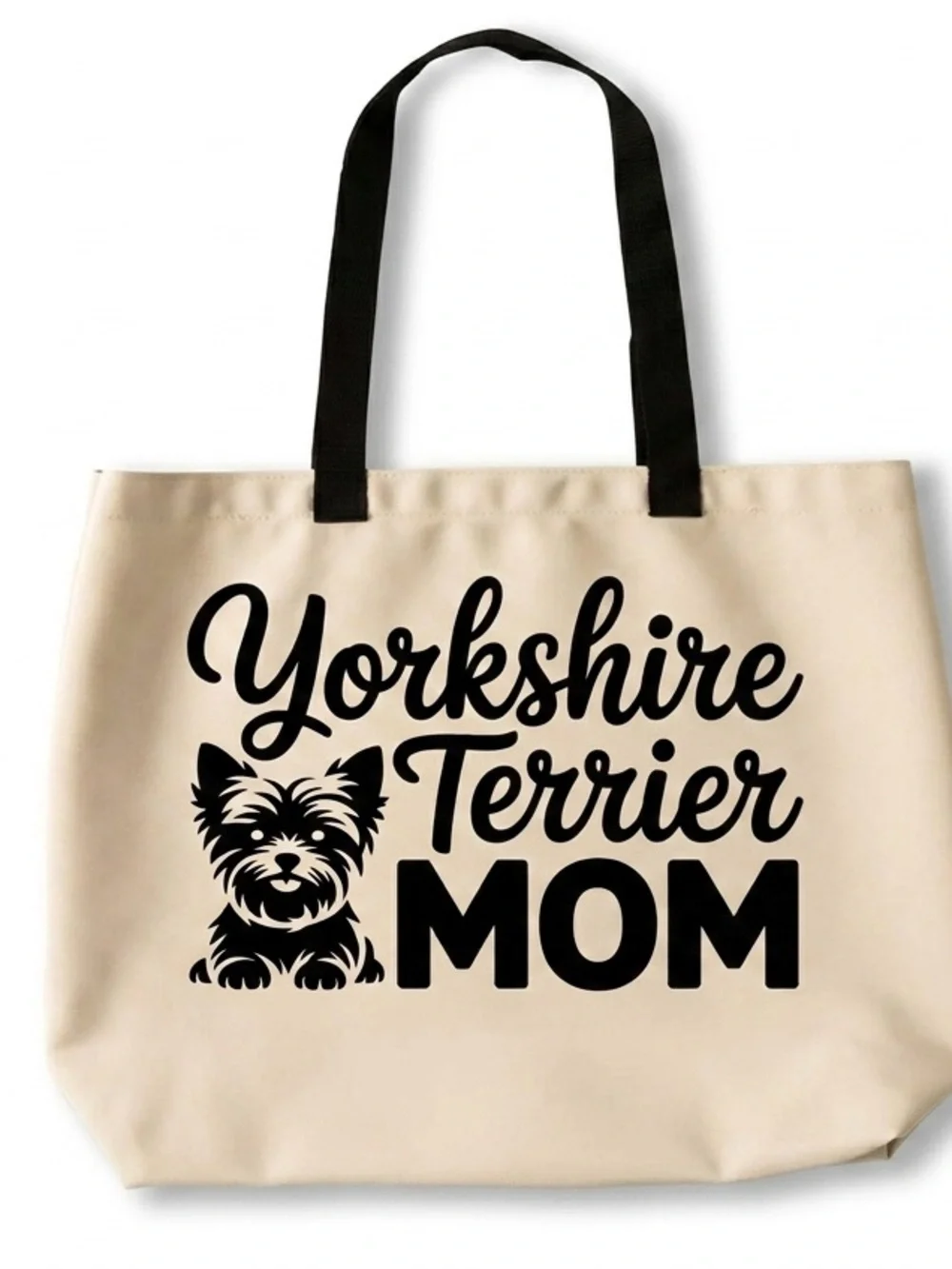 Yorkshire Terrier Mom Tote Bag - Black Text on Cream 19 in x 14 in